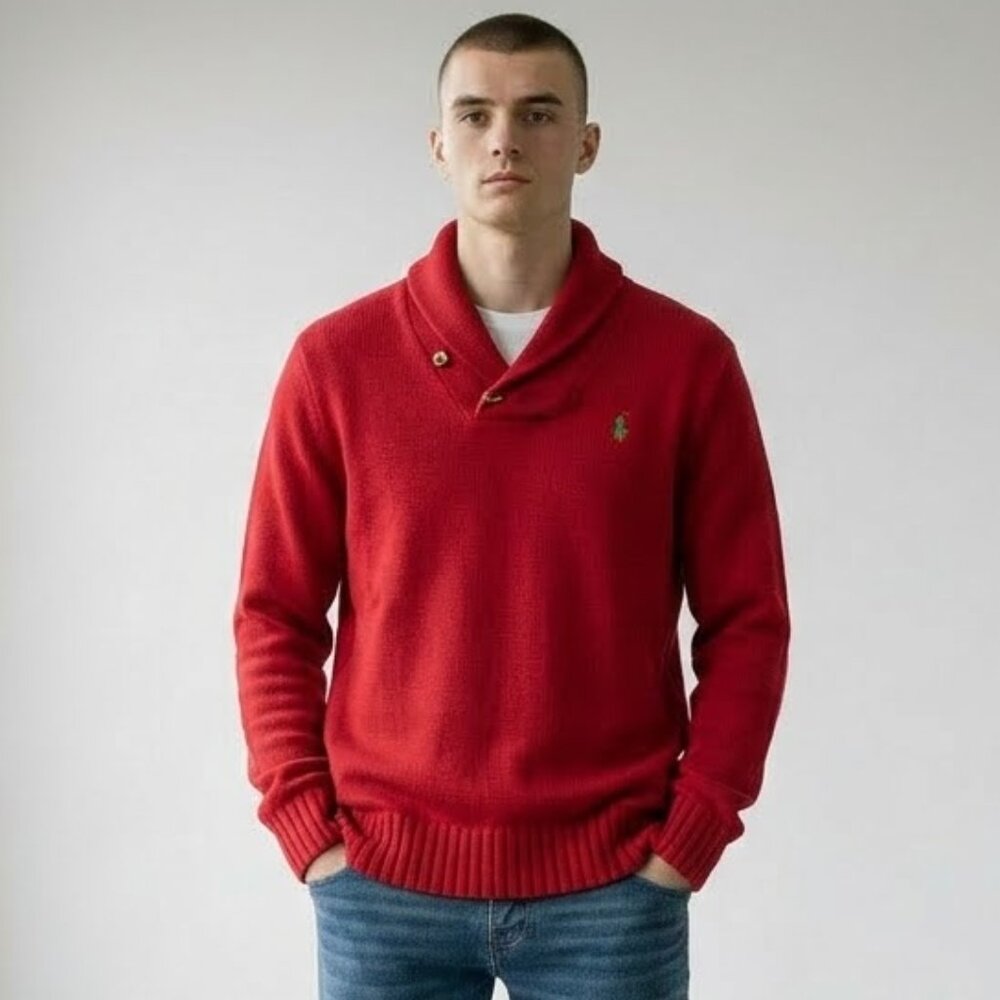 Polo Ralph Lauren Cowl Neck Shawl Collar Winter Ski Red Cotton Sweater Men's S
